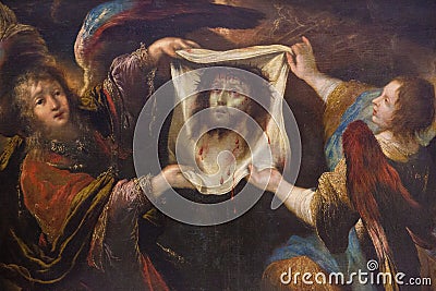 Two angels holding the veil of Veronica Stock Photo