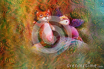 Two animal puppets, fox and violet bird, on abstract background with text space Stock Photo