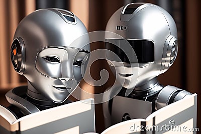 Two antropomothic robots androids doing home task, concept of machine learning. AI generative illustration Stock Photo