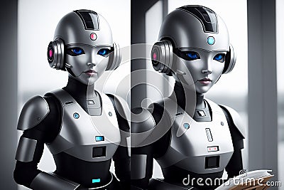 Two antropomothic robots androids doing home task, concept of machine learning. AI generative illustration Stock Photo