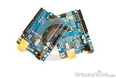 Two Arduino Uno Boards Stock Photo