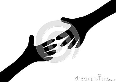 Two arms hands black silhouette reaching to each other. Child and mother. Close up body part. Helping hand. Happy Valentines day. Vector Illustration