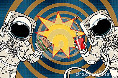 Two astronauts are eating lunch fast food Vector Illustration