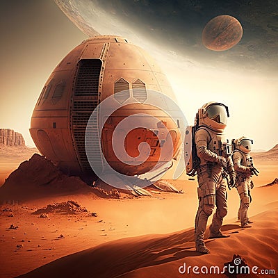 Two astronauts exploring mars, Generative AI Stock Photo