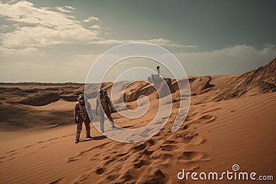 two astronauts exploring the red dunes of colonized mars Stock Photo