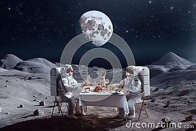 Two astronauts sitting at table and having dinner on the moon. Generative AI Stock Photo