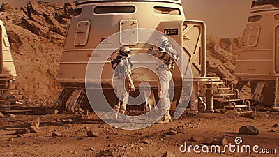 Two astronauts in spacesuits walk toward base on Mars Stock Photo