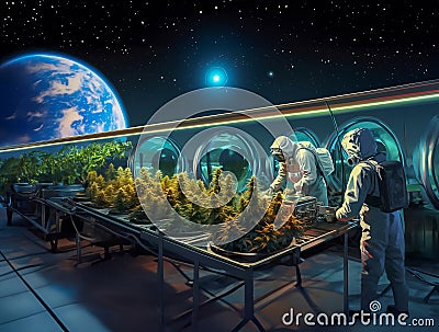 Two astronauts working on a space based farm Stock Photo