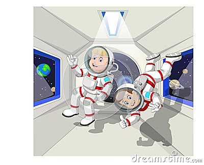 Two Astronauts in Zero Gravity Cabin Airplane Shuttle Cartoon Stock Photo