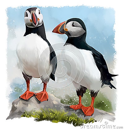 Two Atlantic Puffins on a rock Stock Photo