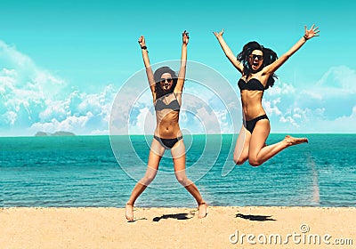 Two Attractive Girls in Bikinis Jumping on the Beach. Best Friends Having Fun, Summer vacation holiday Lifestyle. Happy Stock Photo