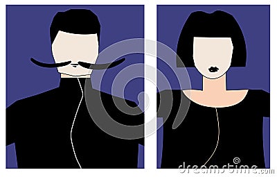 Two avatars for male and female. The man wears a mustache, and the woman has a short haircut. Stock Photo