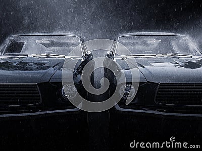 Two awesome black vintage muscle cars side by side Stock Photo