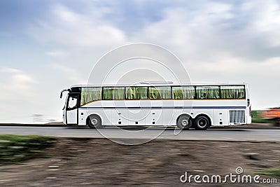 Two axle, rear engine, air-conditioned luxury bus , speeding on a highway in Pune, Maharashtra, India. Stock Photo