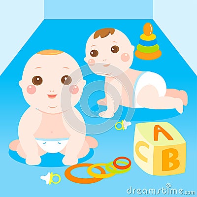 Two babies playing toys Vector Illustration