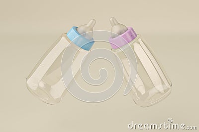 Two baby bottles on cream color background. 3d illustration Stock Photo