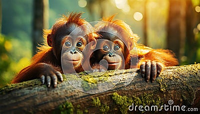 Two Baby Orangutans Looking at Camera - Generative Ai Stock Photo