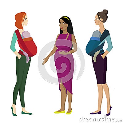 Two babywearing women with her baby in sling and one pregnant woman talking. Babywearing concept. Vector illustration Vector Illustration