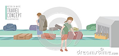 Two backpackers get luggage from the baggage carousel flat vector. Vector Illustration