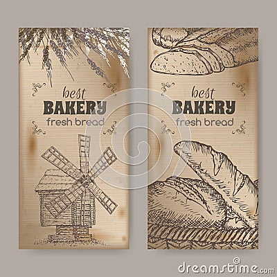 Two bakery label templates with wooden windmill, wheat and bread on vintage background Vector Illustration