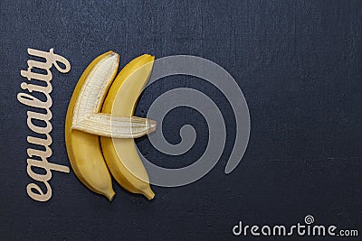 Two bananas on a chalkboard. Word from plywood-EQUALITY One banana embraces the other. Free space for text Stock Photo