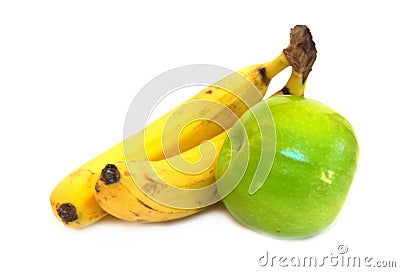 Two bananas and green apple Stock Photo