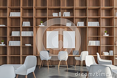 Two banners in a wall-to-wall & floor-to ceiling shelving with white details Stock Photo