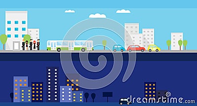 Two banners with day and night city life. Vector flat illustration with people, bus, cars and trees. Vector Illustration