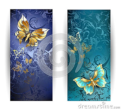 Two banners with gold butterflies Vector Illustration