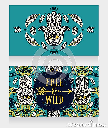 Two banners with hamsa symbol in gypsy style Vector Illustration