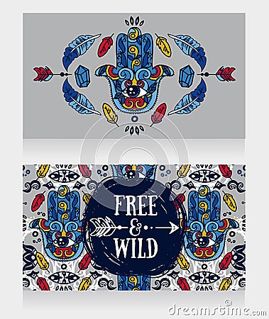 Two banners with hamsa symbol in gypsy style Vector Illustration