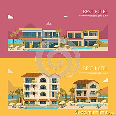 Two banners with hotel building Vector Illustration