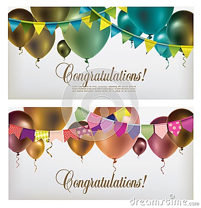 Two banners with multicolored flying balloons, paper garlands and confetti Vector Illustration