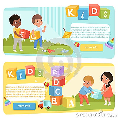 Two banners with preschool kids with colored ABC cubes. Speech therapy. Playful learning. Flat vector design for child Vector Illustration