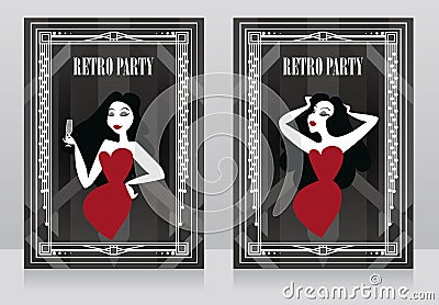 Two banners for retro style party with elegant ladies and champagne Vector Illustration