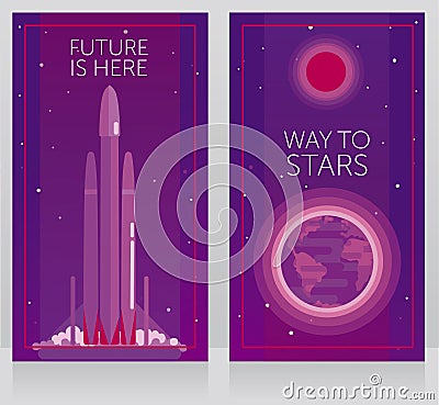 Two banners for space travels with spaceship falcon heavy and Earth Vector Illustration