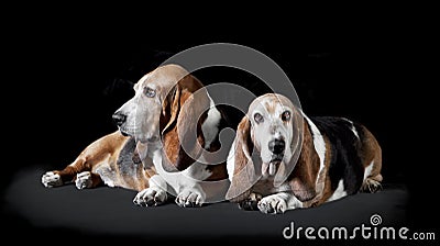 Two basset hound black background Stock Photo