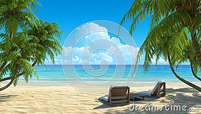 Two beach chairs on idyllic tropical white sand be Stock Photo