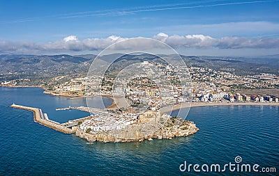 Two beaches in Peniscola, Castellon, Spain Aerial Stock Photo