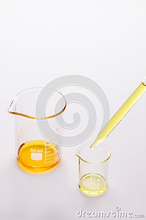 Two beakers with colorful liquids Stock Photo