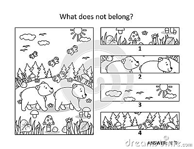 Two bear cubs exploring the world. Visual puzzle or picture riddle: What does not belong? Vector Illustration