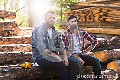 two bearded lumberjacks resting and sitting on logs Stock Photo