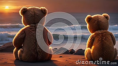 two bears on the beach at sunset ai created Stock Photo