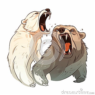 Two bears brown and white growl at each other baring their fangs, funny illustration, Cartoon Illustration