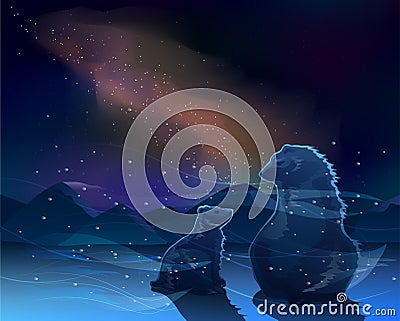 Two bears sit and watch the Milky Way in the cold wasteland vector Vector Illustration