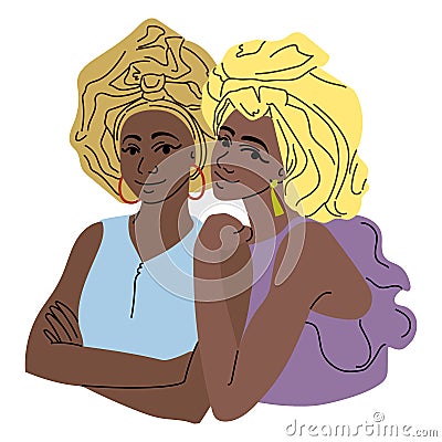 Two beautiful African girls in headdresses. Vector illustration in cartoon style Vector Illustration