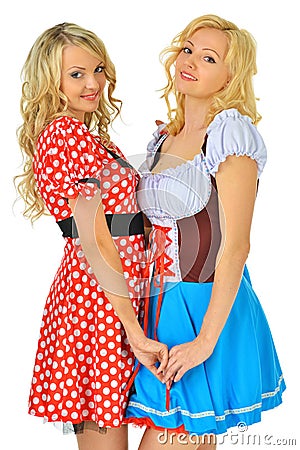 Two beautiful blonde women in carnival costumes Stock Photo