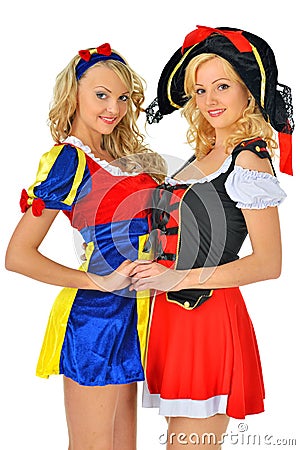 Two beautiful blonde women in carnival costumes Stock Photo