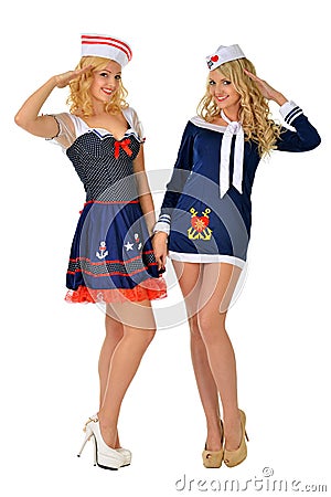 Two beautiful blonde women in carnival costumes Stock Photo