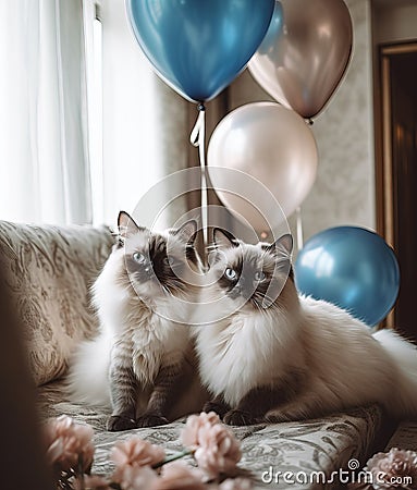 Two beautiful cats in a luxurious classic interior with balloons and decorations. Generative Ai Stock Photo